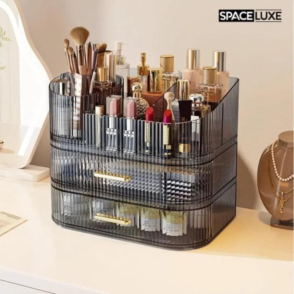 New 3-Layer 360°Rotating Makeup Organizer with Drawers & Brush Holder for Vanity